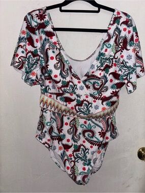 SHEIN White Paisley One-Piece with Teal & Burgundy Accents